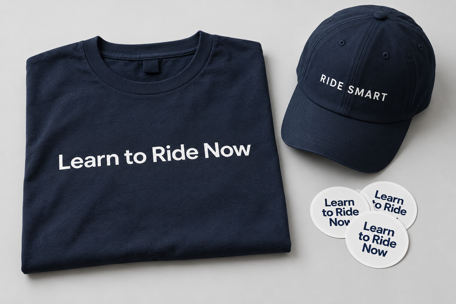 Concept navy Learn to Ride Now T-shirt and hat with white Ride Smart stickers